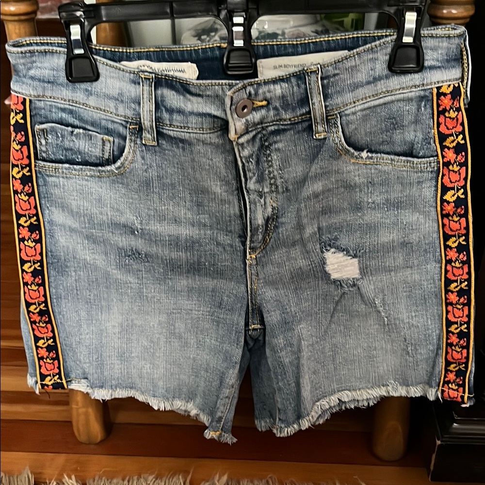 Blue and Red Jean Shorts with Ethnic Trim